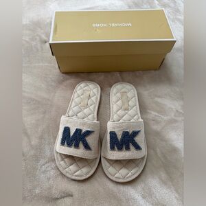 Michael Kors Cream Slides with Blue MK Logo